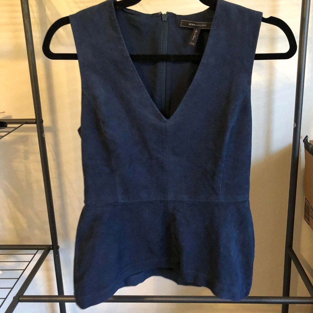 Very good condition BCBG navy suede peplum top, size XXS
